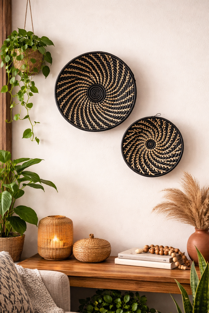 Black White Woven African Wall Storage Baskets Set of 2  Reflektion Design