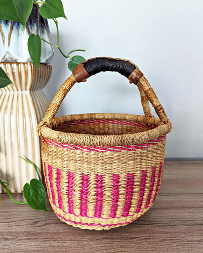 Small Pink Woven Market Basket Leather Handle