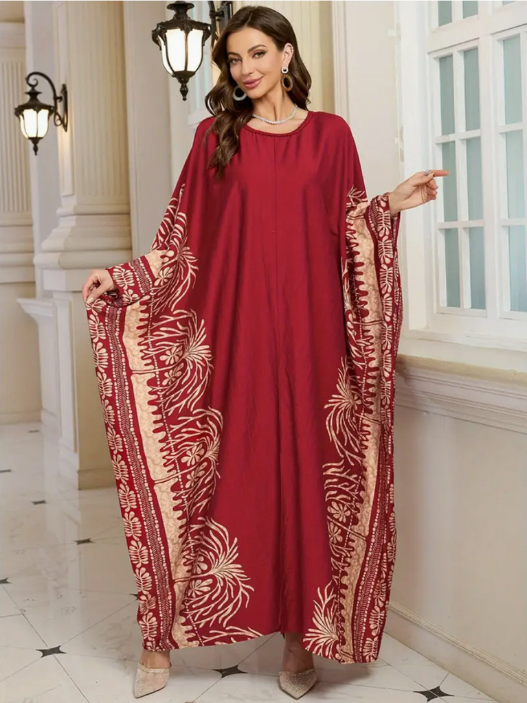 Crimson Red Kaftan Dress Scoop Neck Batwing Sleeves