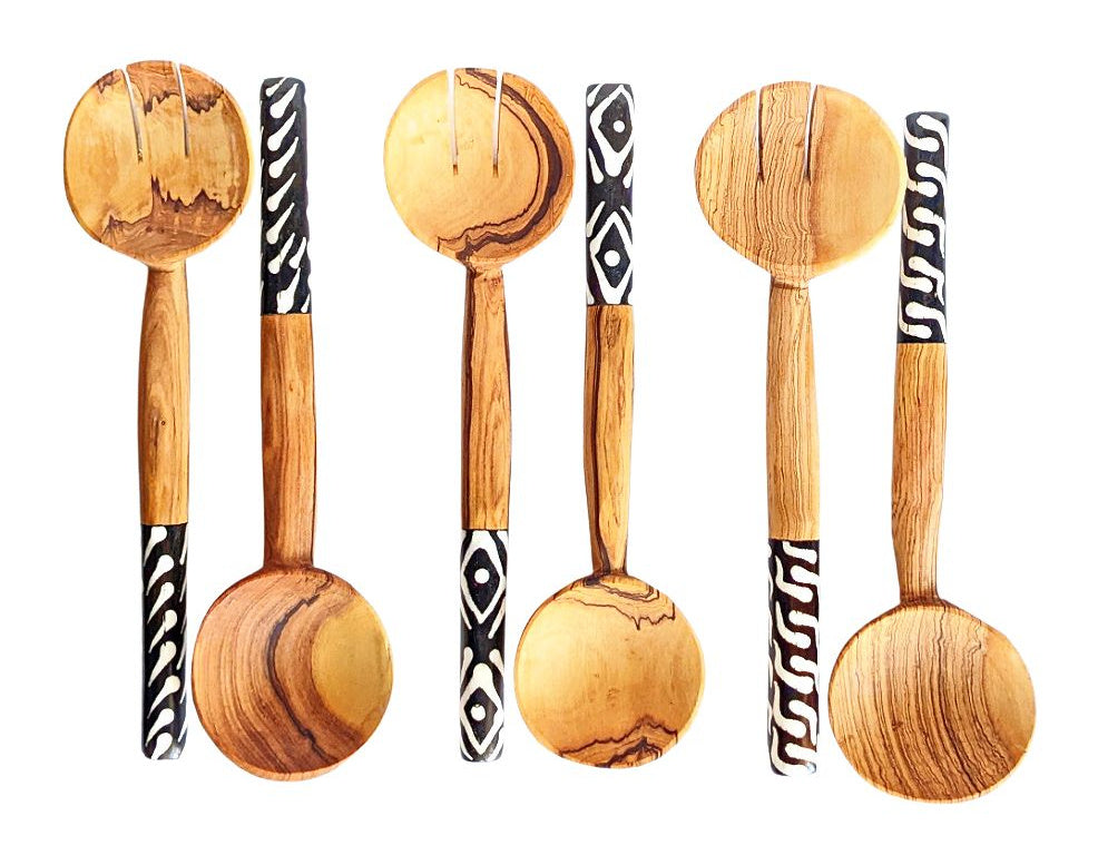 African Olive Wood Salad Server Set Batik Handle Reflektion Design