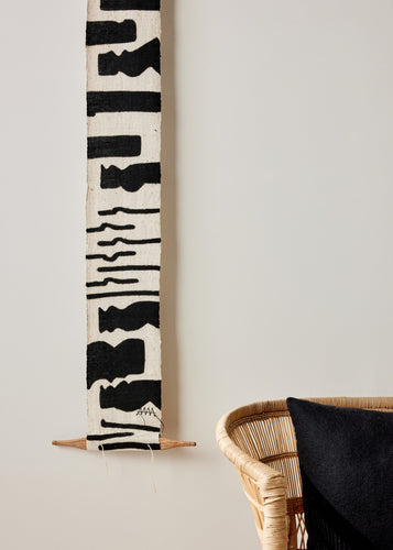 Vibrations Mud Cloth Fabric Wall Art Totem in White Black Design