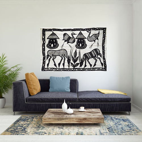 2 Huttes Korhogo Tissu Art Mural En Tissu