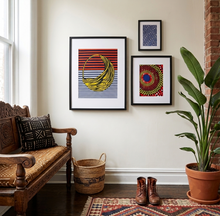 3 piece african fabric art set hung on wall