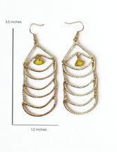 Gold earrings with yellow gemstones, shown with measurements on a white background.