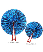 Two blue paper fans with red sticks on a white background