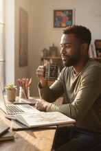 A man with a beard sits at a wooden desk in a warm, sunlit room, holding a black mug with a white geometric pattern. He is wearing an olive green long-sleeve shirt and looking thoughtfully to the side.