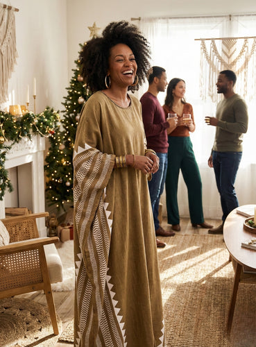 Woman in a long, patterned Kaftan dress standing in a living room with Christmas decorations and people in the background.