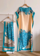 Blue Peacock Kaftan Dress With Scarf