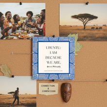 Collage of people dining, a savanna scene, and an African proverb card about Ubuntu on a cork board.