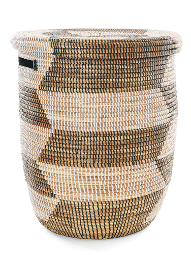Woven basket with a checkered pattern on a white background