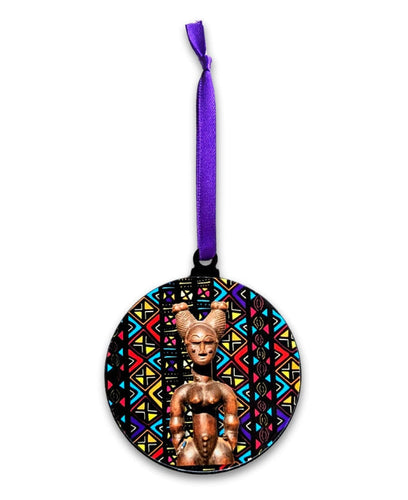 Decorative african inspired ornament with colorful geometric pattern and figure on a white background