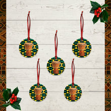 Decorative ornaments with drum design on a wooden surface