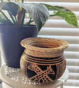Small Carved Calabash Gourd Bowl with Basketry Rim