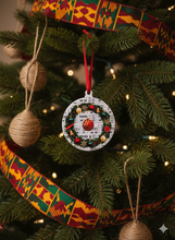 black white red christmas ornament hung on a tree.