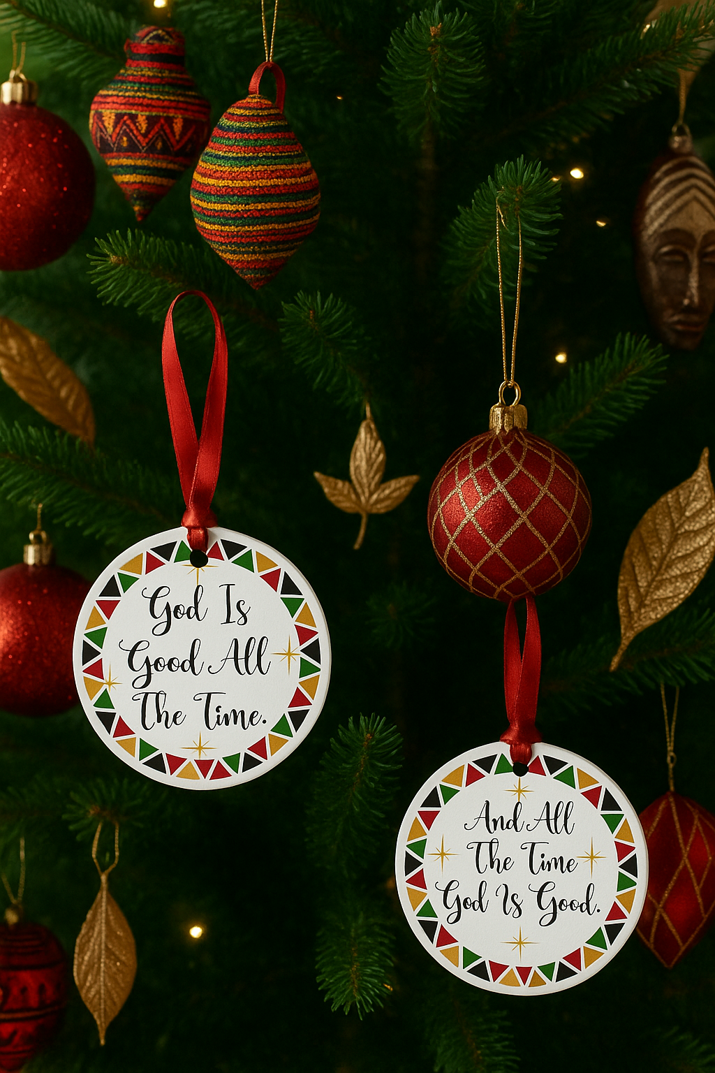 Decorative Christmas ornaments with religious phrases on a tree.
