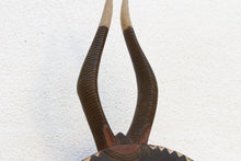 Close-up of a pair of antelope horns on a wood mask