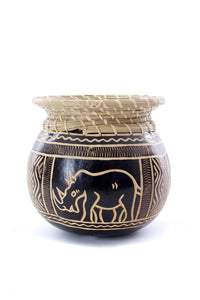 Small Carved Calabash Gourd Bowl with Basketry Rim