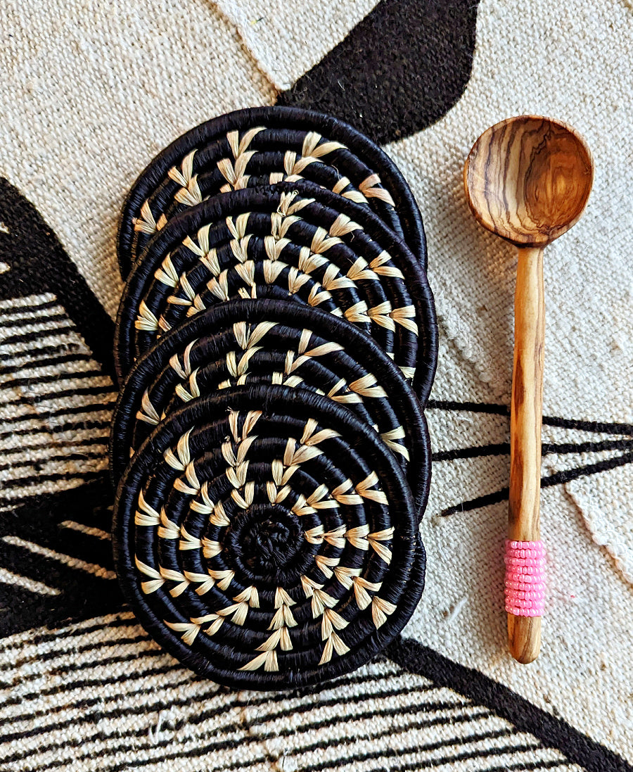 Black Woven Coasters + Pink Bead Spoon Set