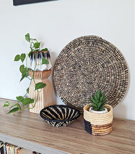 Large Woven Raffia Wall Plate Black Beige