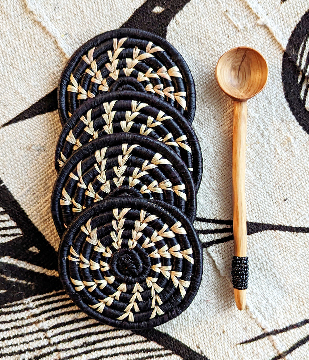 Black Woven Coasters + Black Bead Spoon Set