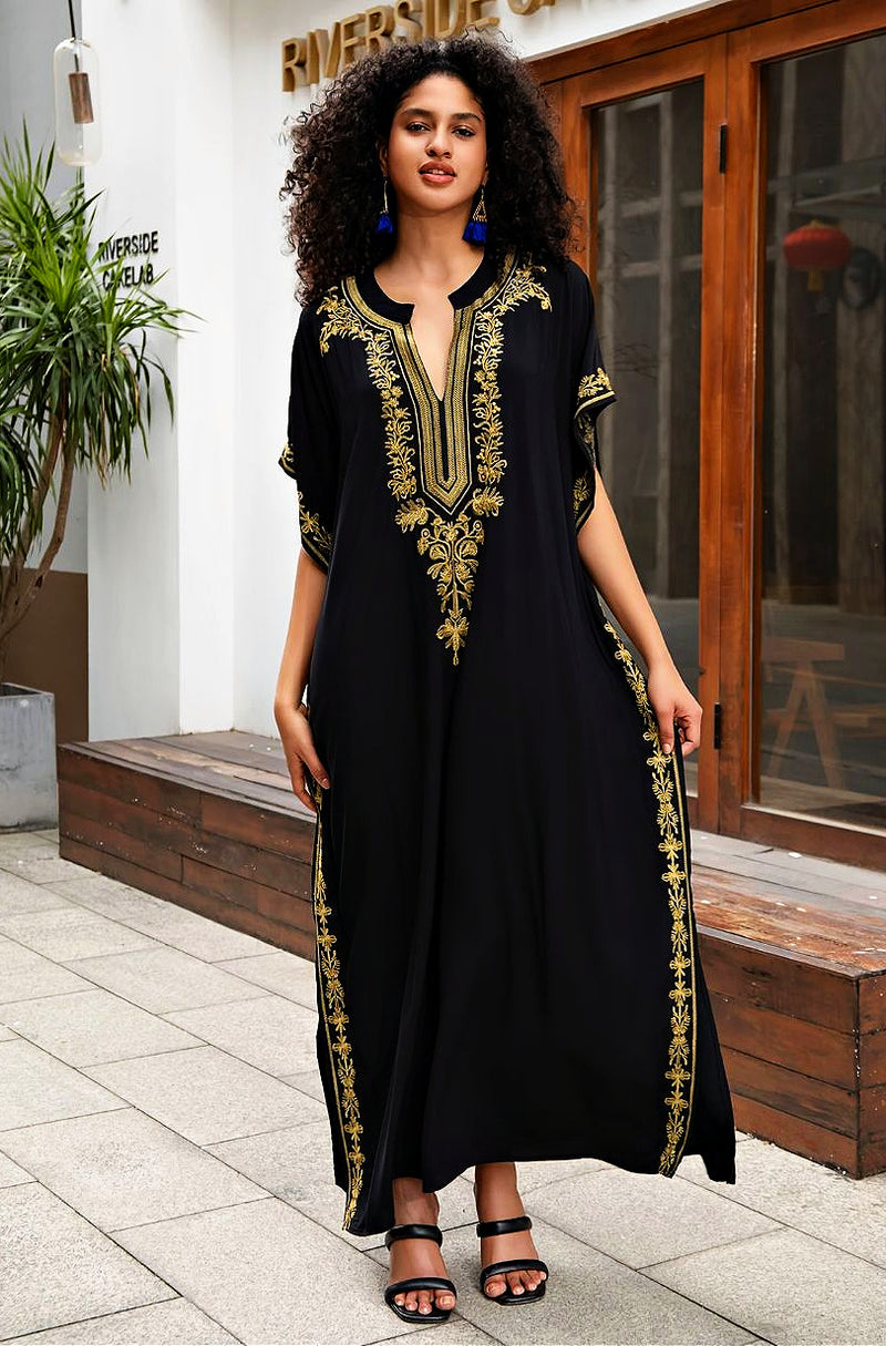 The Mystic Black Gold Embroidered Kaftan Dress – Reflektion Design