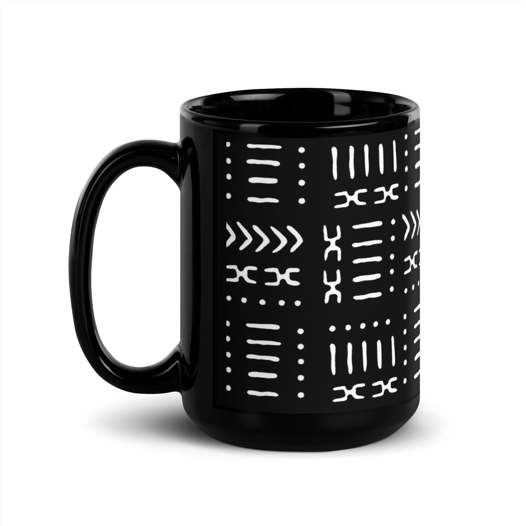 Tasse à café à motif de tissu de boue blanc noir de 15 oz