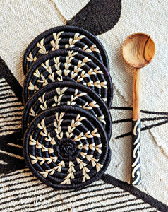 Black Woven Coasters + Batik Wood Spoon Set