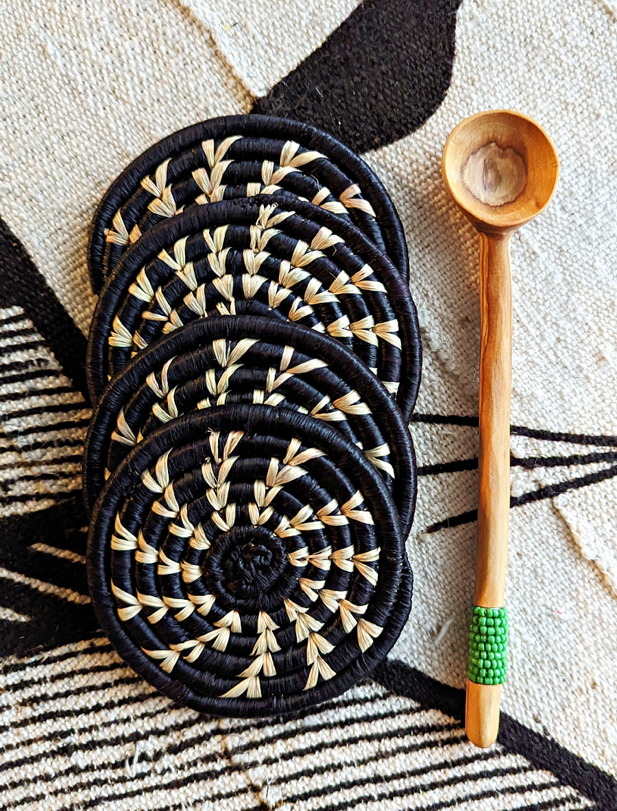 Black Woven Coasters + Green Bead Spoon Set