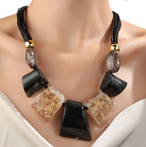Oversized Chunky Resin Necklace Black Gold Speckles