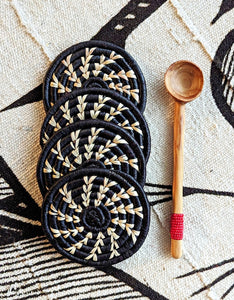 Black Woven Coasters + Red Bead Spoon Set