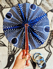 Blue African Fabric Folding Hand Fan With Carrying Pouch