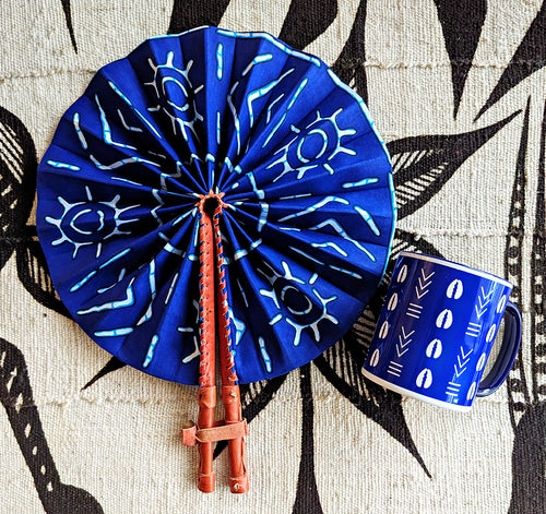 Blue Cowries Folding Hand Fan & Mug Gift Set