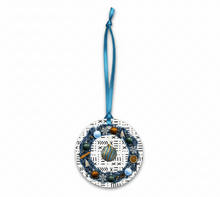 Decorative ornament with a wreath design and blue ribbon on a white background