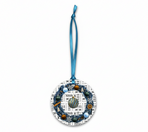 Decorative ornament with a wreath design and blue ribbon on a white background