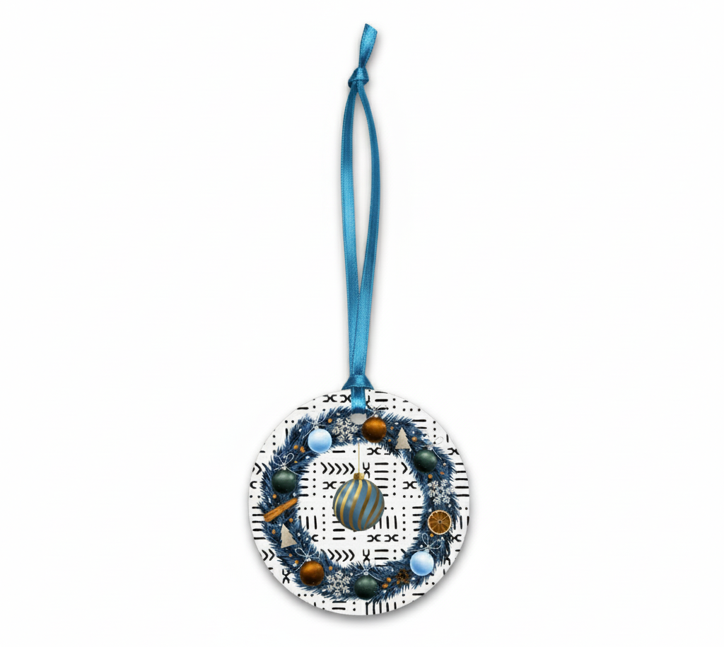 Decorative ornament with a wreath design and blue ribbon on a white background