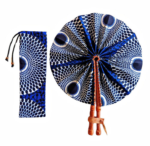 Blue African Fabric Folding Hand Fan With Carrying Pouch