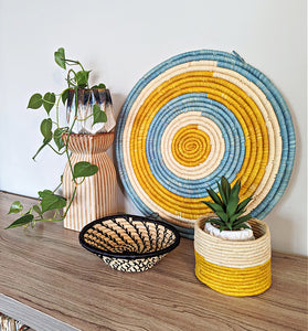 Large Woven Raffia Wall Plate Blue Yellow