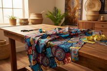 Colorful fabric with geometric patterns in blue, orange, and red on a black background