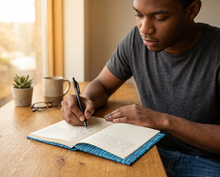A man in a gray t-shirt sits at a wooden table, writing in an open notebook with a blue patterned cover. A small potted succulent, a mug, and eyeglasses are on the table next to a warm window.