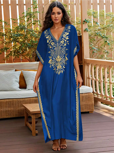 Azure Empress Blue V Neck Embroidered Kaftan Dress