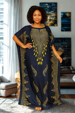 Silky Navy Blue Yellow Kaftan Dress