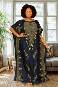 Silky Navy Blue Yellow Kaftan Dress