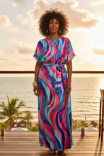 Pink Blue Brushed Swirls Silky Kaftan Dress With Belt/Scarf
