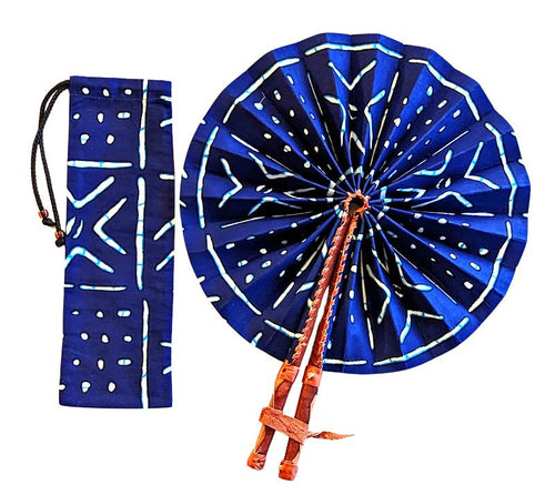 Blue Ankara Fabric Folding Fan With Carrying Case