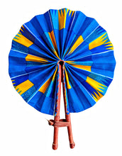 Blue Yellow Kente Pattern African Print Fabric Folding Hand Fan
