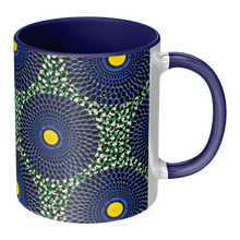 coffee mug with yellow blue green african pattern