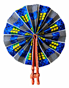 Blue Yellow Kente Ankara Fabric Hand Fan