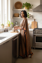 Brown Black Geometry Silky Kaftan Dress With Scarf