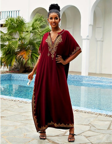 Aisha Royal Burgundy Gold Embroidered Kaftan Dress