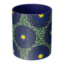 center view of a blue yellow african pattern coffee mug